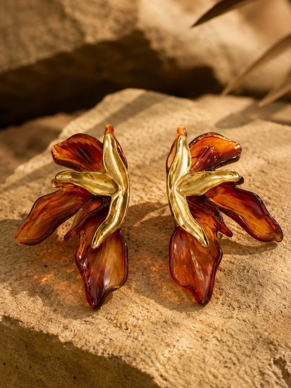 Gold-Plated Earrings with Amber Resin Leaf Petals